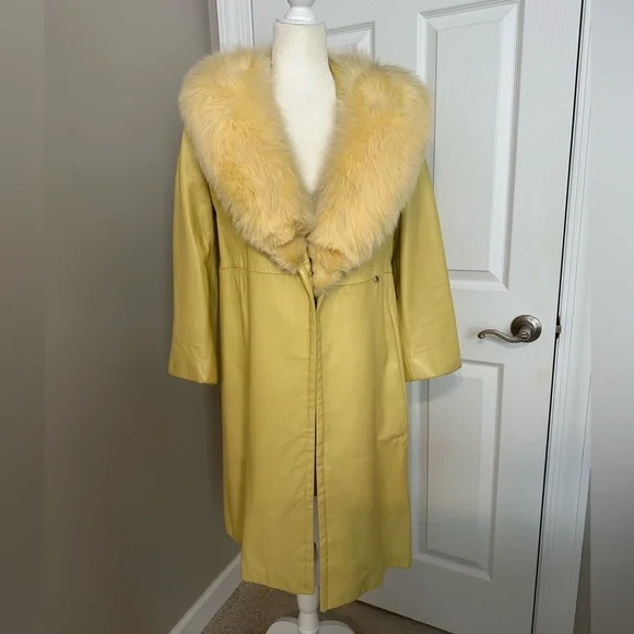 Vintage Yellow Leather Coat with Fur Collar - Picture 1 of 16